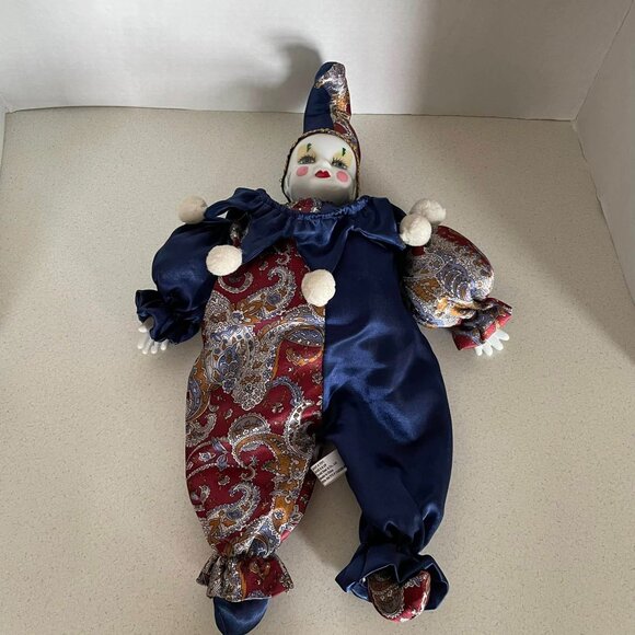 VTG Y2K Porcelain Pierrot Jester Shelf Sitter Mardi Gras Doll - Picture 9 of 12